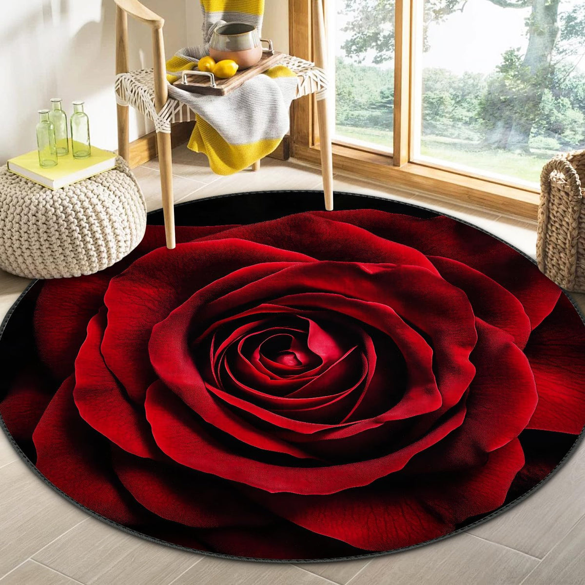 4ft Round Area Rug (Red Rose / 4' (Round))