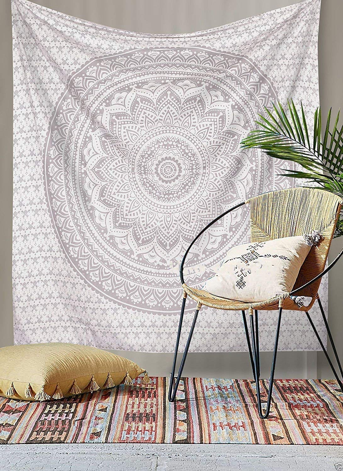 Tapestry Wall Hanging Hippie Ombre Mandala Bohemian Hippy Metallic Shine Intricate Indian Tapestries Bedspread 54 x 82 Inches (82"L x 54"W / Silver)