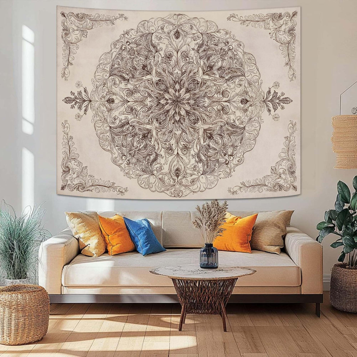 Vintage Floral Mandala Tapestry (80"L x 60"W / Ivory)