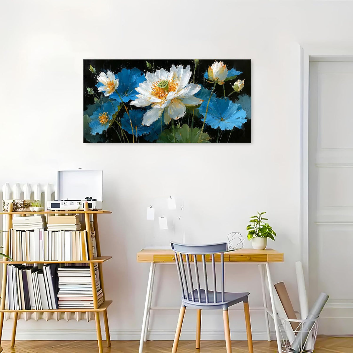 Blue White Lotus Flower Wall Art Canvas Picture for Living Room Water Lily Zen Painting Vintage Abstract Black and White Prints Artwork Poster Meditation Spa Wall Decor Home Bedroom Decorations 20x40” (40"L x 20"W / Blue Lotus)