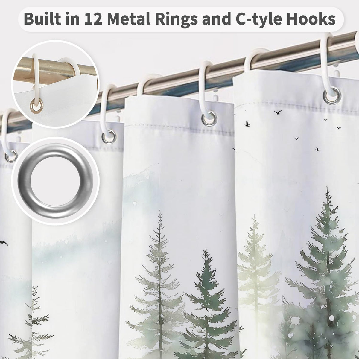 Watercolor Forest Shower Curtain with Hooks (Nature Forest)