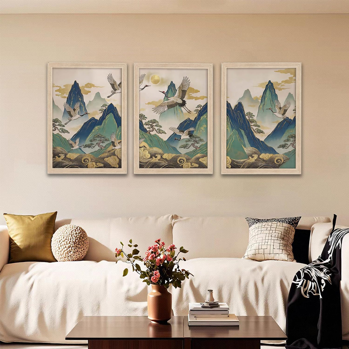 Framed 3Pcs Japanese Crane Canvas Wall Art (white / 24"L x 16"W)