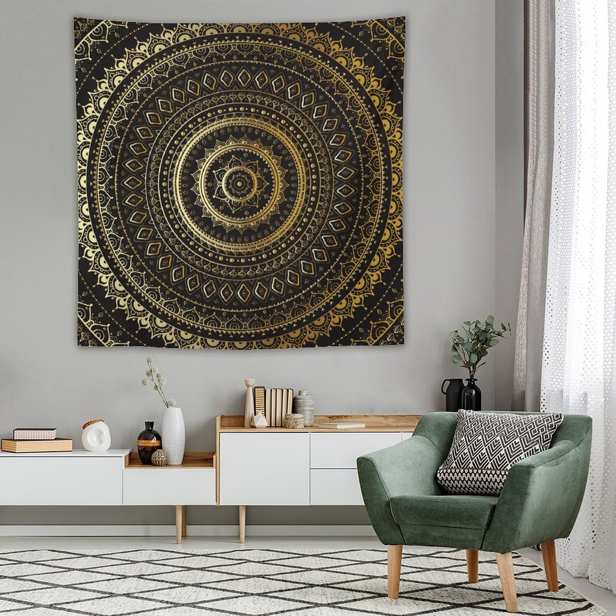 Black Gold Mandala Tapestry Wall Hanging Boho Indian Hippie Vintage Abstract Bohemian Flower Tapestries Home Decor for Living Room Bedroom Farmhouse Apartment Dorm 60"x60" (60"L x 60"W / Mandala-37)