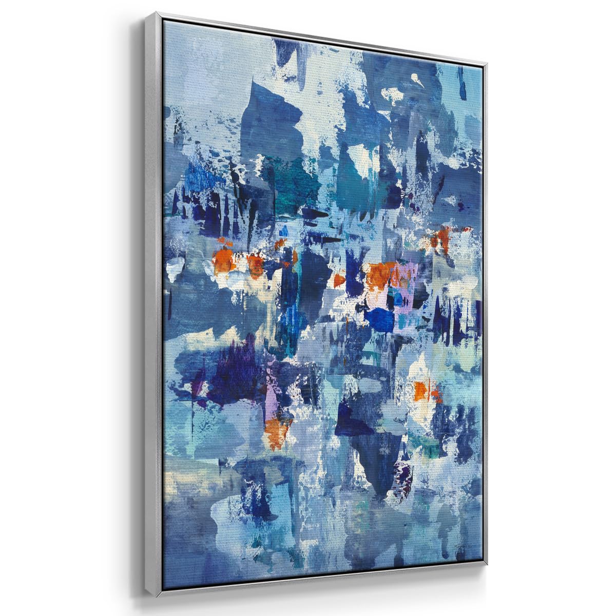 Canvas Art Silver Floater Framed Prints Rustic Teal Blue Brushstrokes Splash Abstract Wall Decorations for Kitchen Hotel Restaurants Walls (37"L x 25"W / Reticent III)