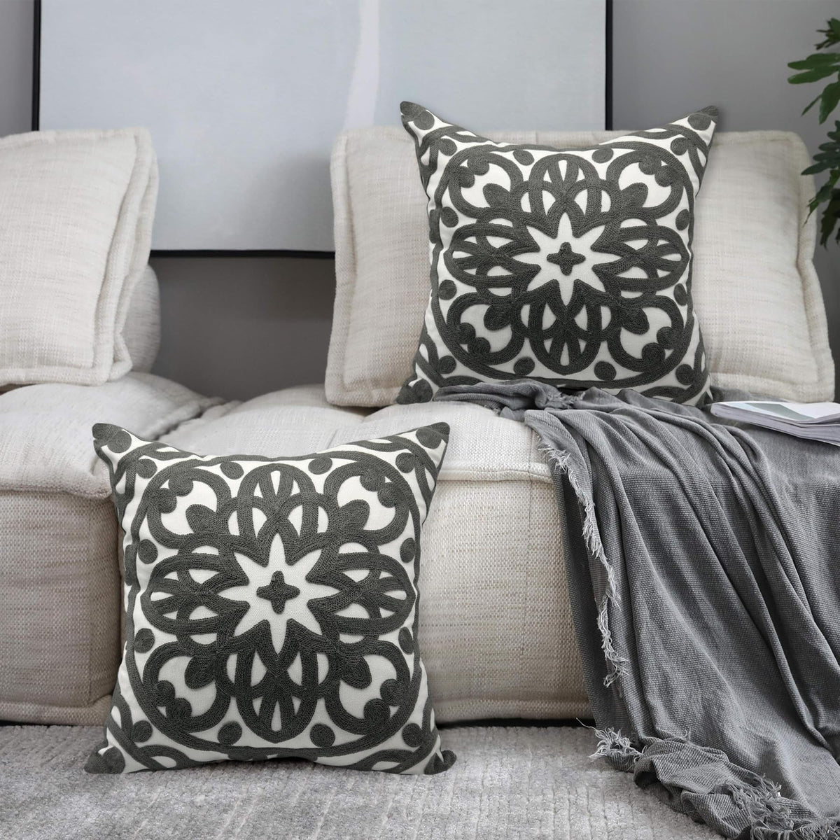 Embroidered Decorative Throw Pillow Cover 18"x 18" Set of 2 (Grey / 18" x 18" (Pack of 2))