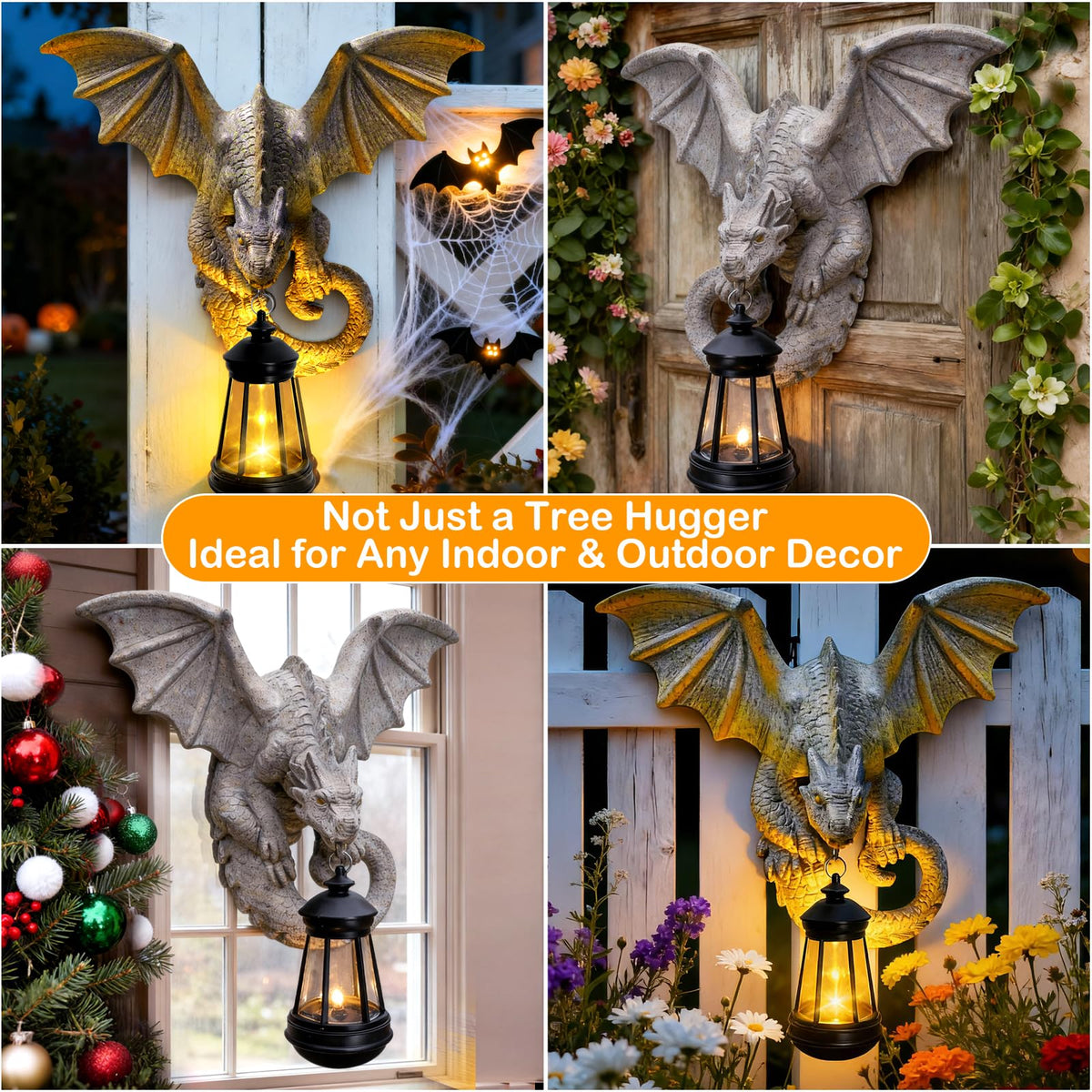 Solar Dragon Tree Hugger Garden Statue (Stone Grey - Dragon with Lantern)