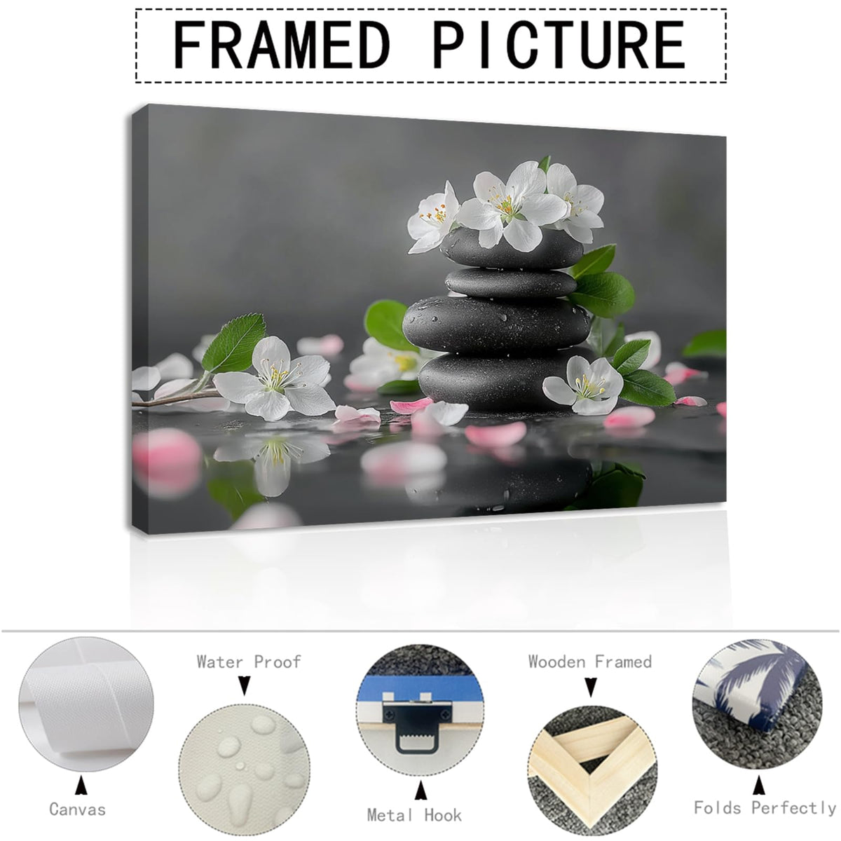 Zen Garden Canvas Wall Art Black Stone White Flowers Painting Framed Artwork Poster for Yoga Meditation Room Spa Bathroom Decor (WE000050-7 / 36"L x 24"W)