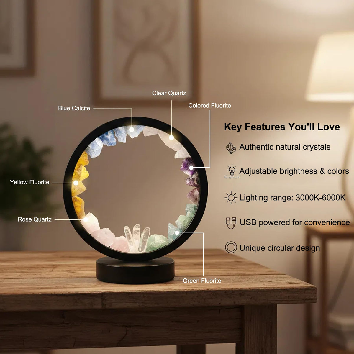 Natural Mixed Crystal Night Light Round Meditation Lamp (Mixed Rocks Round)