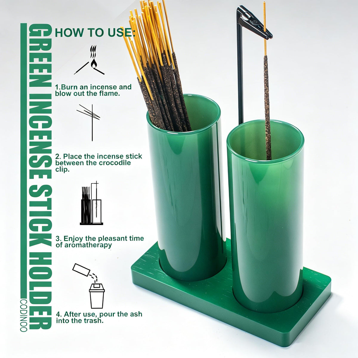 2 in 1 Incense Holder for Sticks (All Green / 2 tall glass)