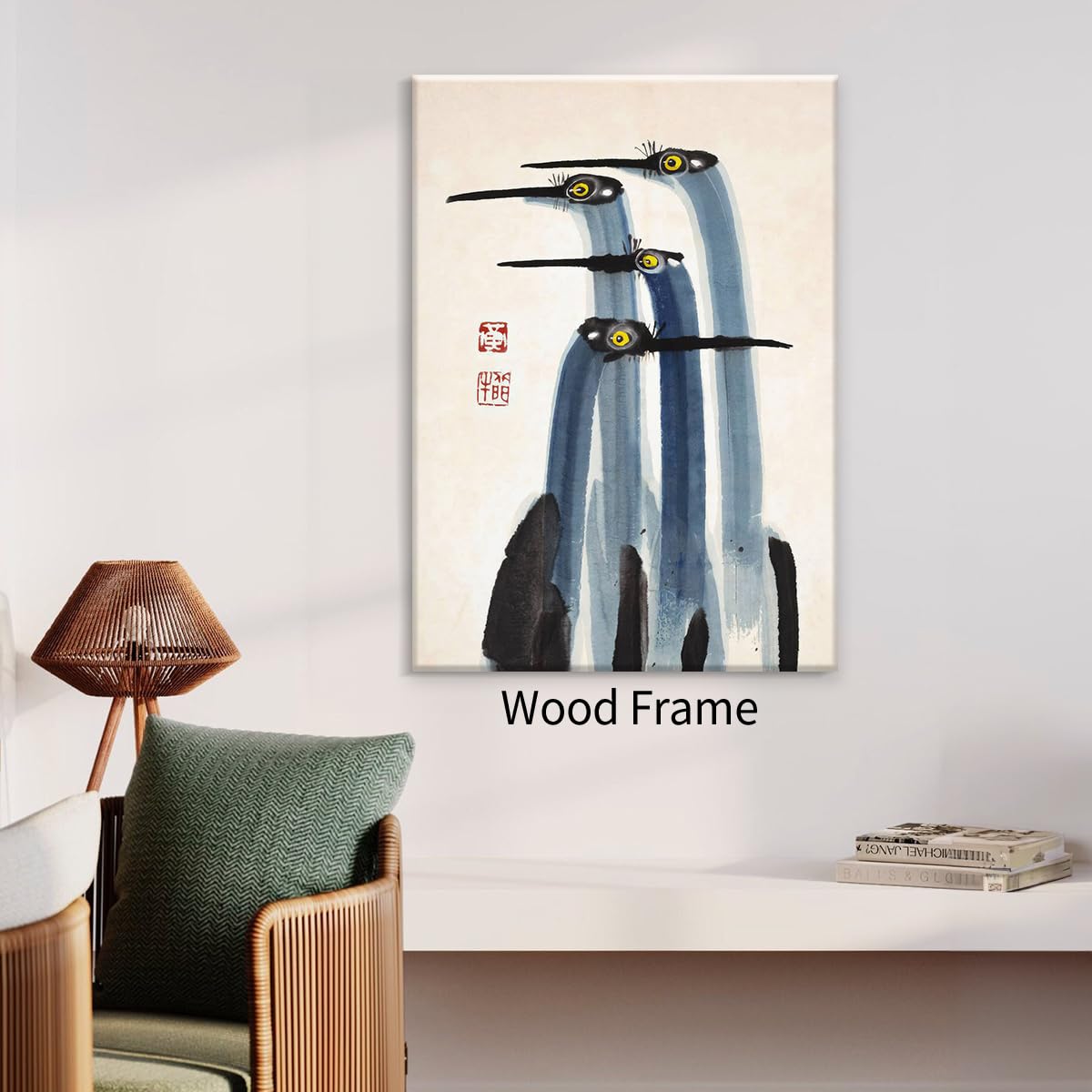 Vintage Japanese Crane Framed Poster Antique Asian Bird Canvas Wall Art 16x24 inch Blue Minimalist Animal Watercolor Prints for Country Farmhouse Wall Decor for Living Room Study Office Ready to hang (Wrapped Canvas / Japanese Decor / 24"L x 16"W)