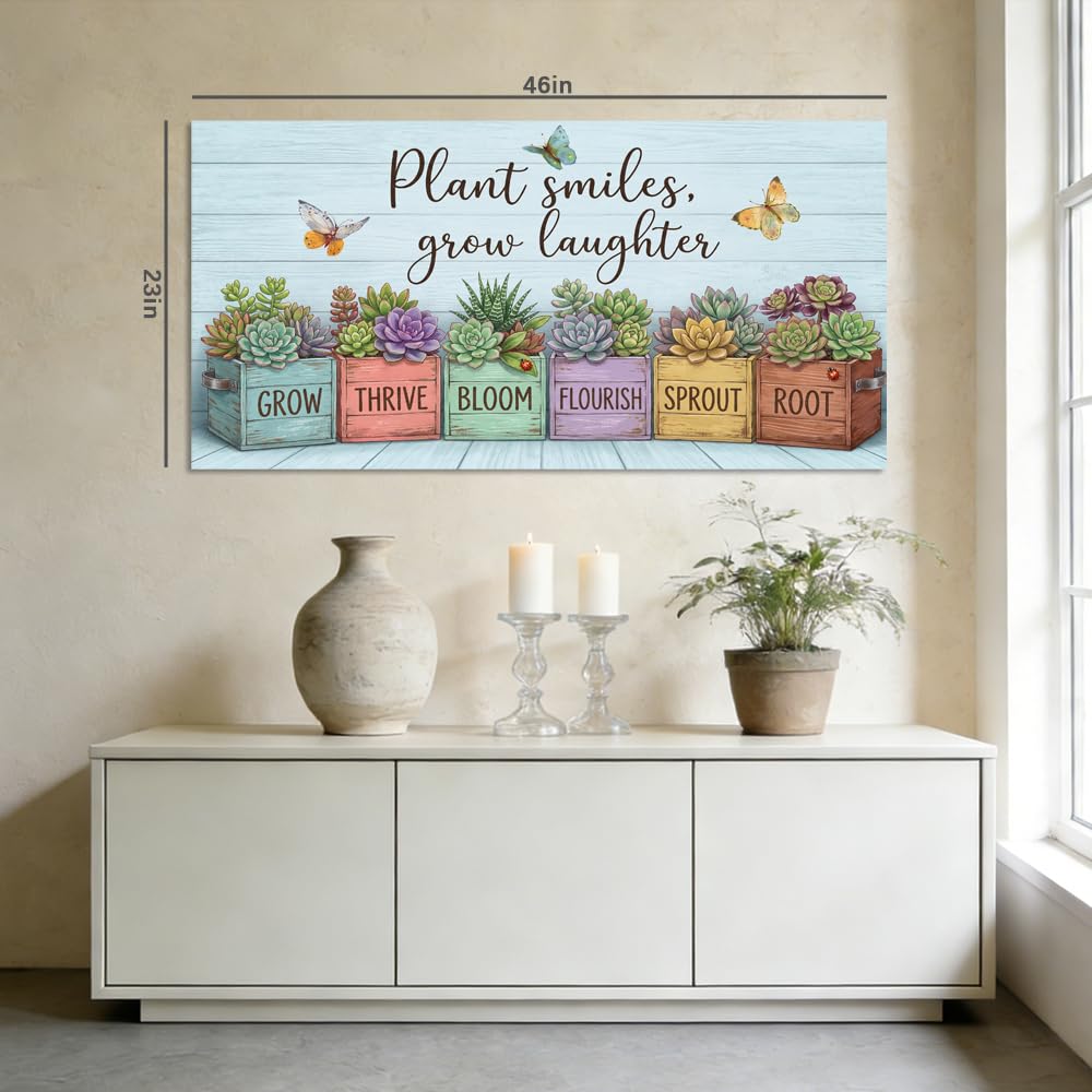 Rustic Succulent Canvas Wall Art Colorful Faux Wood Planter Box Painting Flat Print Gallery Wrapped Botanical Artwork for Living Room Bedroom Bathroom Decor (Bohemian / Yellow Succulent Garden 14 / 46"L x 23"W)