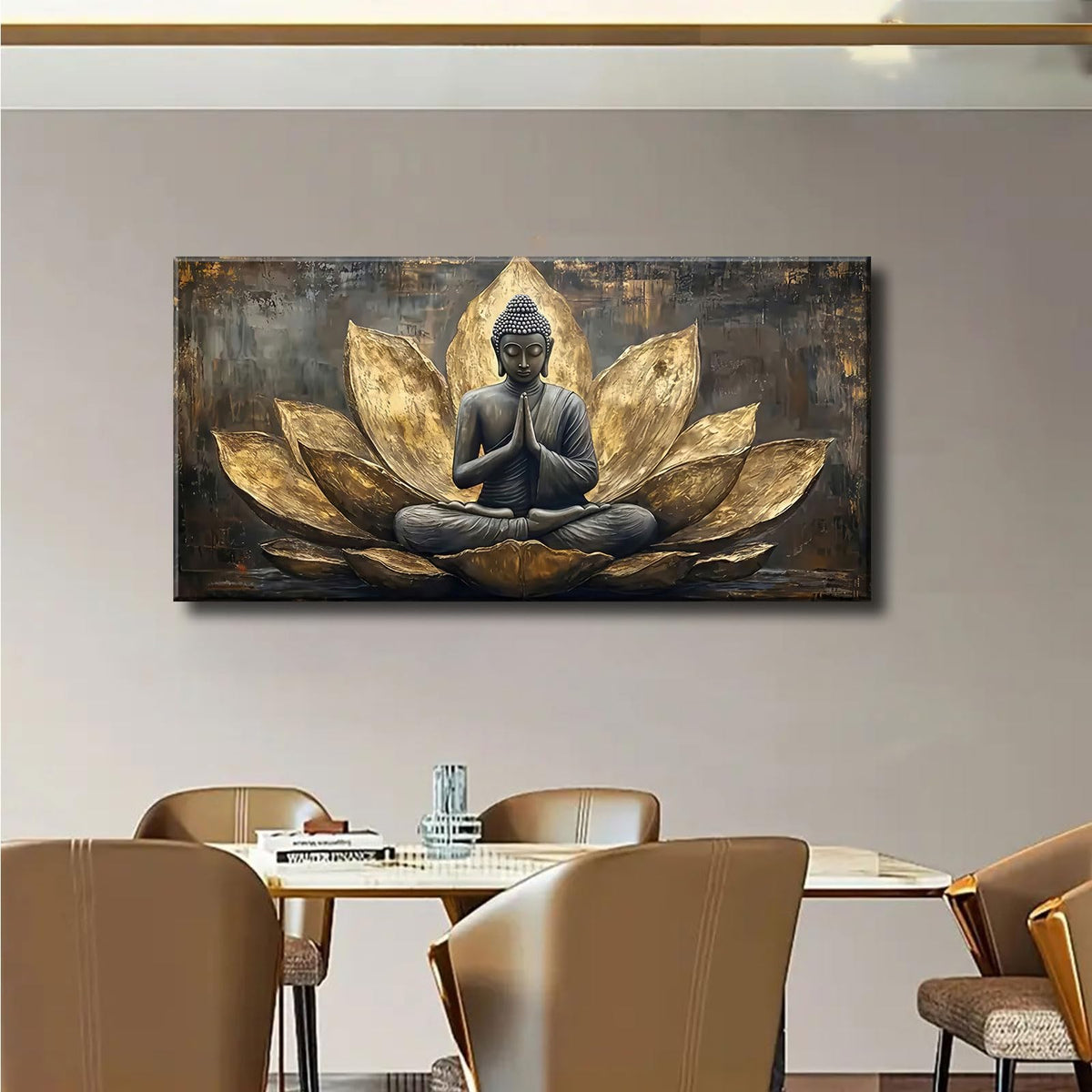 Large Buddha Lotus Canvas Wall Art Abstract Gold and Grey Zen Buddhism Decor painting Pictures Modern Serene Meditation Posters Prints for living room Bedroom Office Hallway Home Decoration (gold / 48"L x 24"W)
