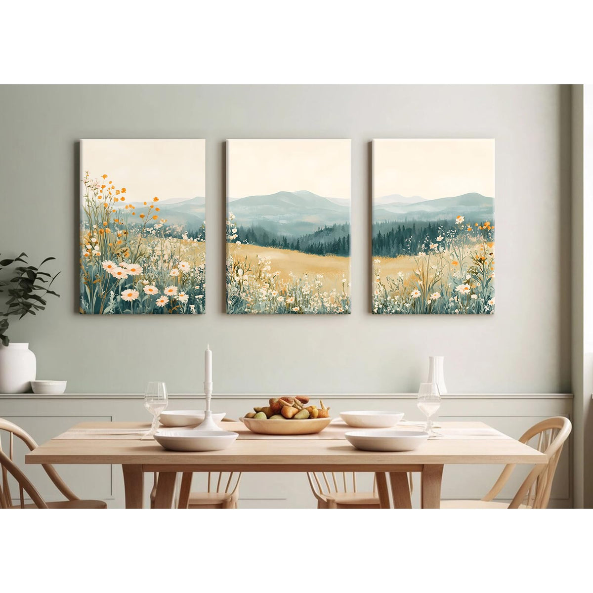 Boho Mountain Flower Wall Art Green Daisy Landscape Canvas Wall Decor Abstract Wildflower Art Prints Watercolor Floral Painting Picture Nature Poster for Living Room Bedroom 16x24x3 Inch Ready to Hang (Green Flower Prints / 16x24 Inch Wrapped Canvas)
