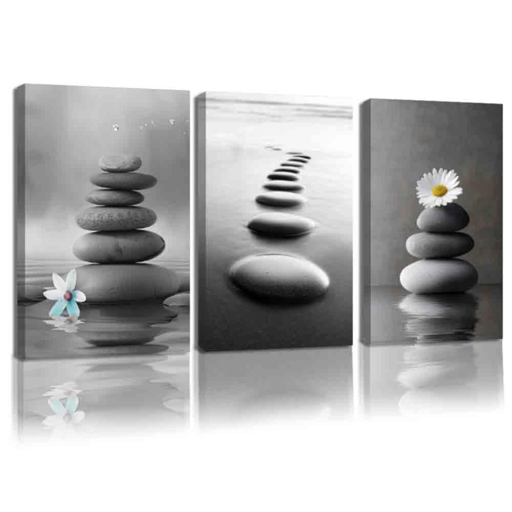 3PCS Zen Stones Canvas Wall Art Black and White Zen Stone Painting Calming Meditation Wall Decor for Yoga Studio Office Spa Bathroom (gray / 16W"x24L"x3)