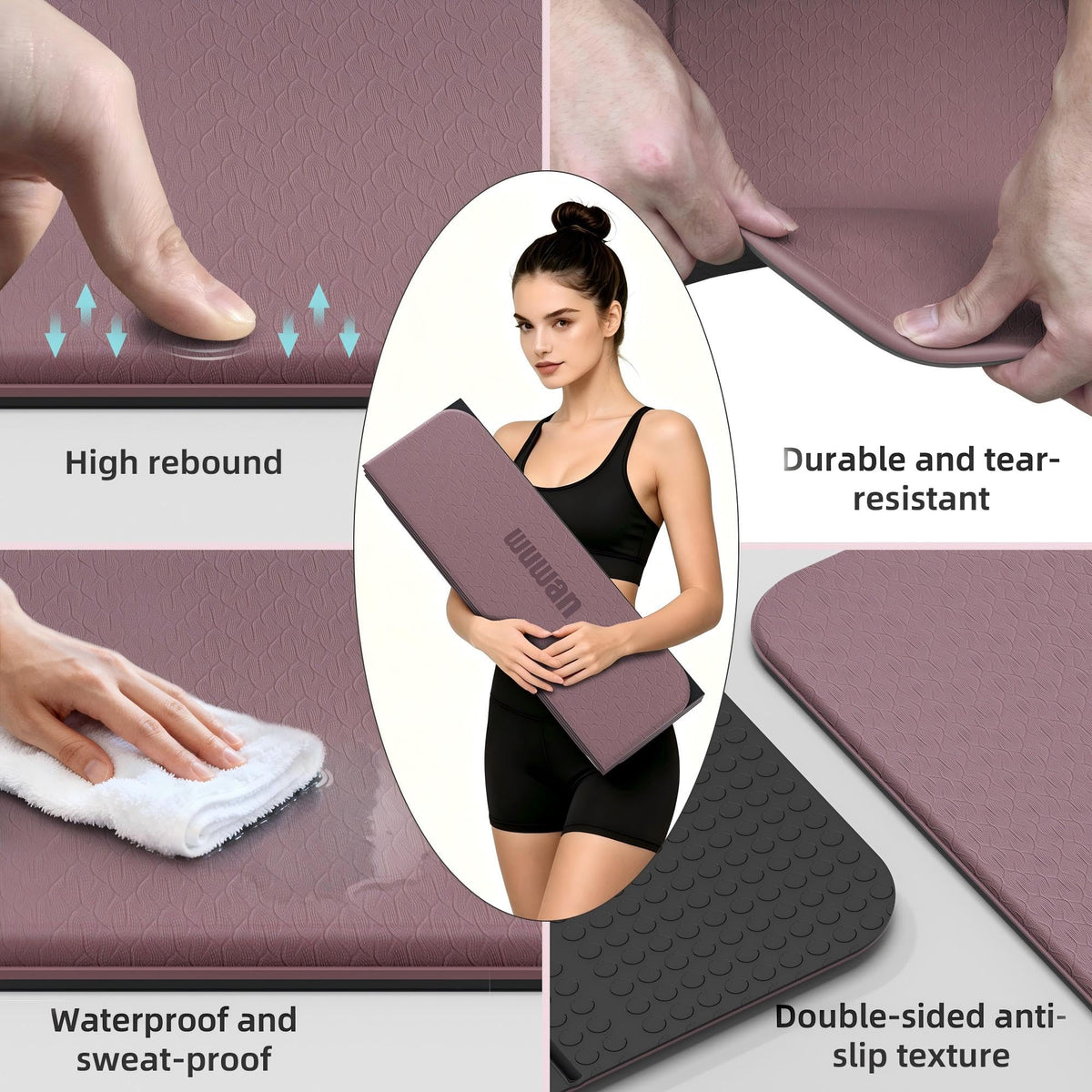 TPE Yoga Mat Foldable 8mm Thick Light Non (Deep pink&black)