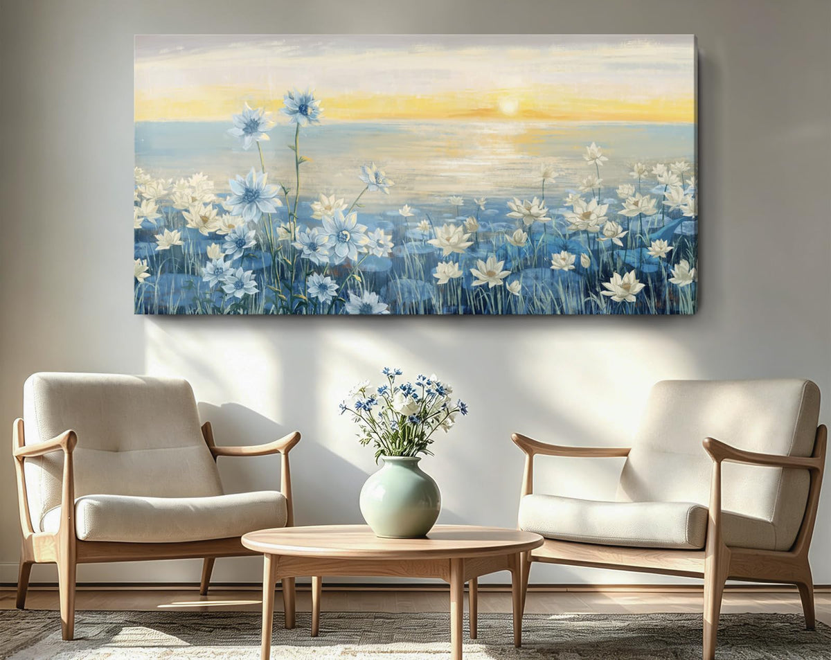 Extra Large Wall Art for Living Room Modern Framed Coastal Beachy Canvas Wall Art Big Floral Sunrise Blue Wall Picture Oversized Lake Nature Sunset Artwork for Office Bedroom Decor 58"x29" (Sunrise Wall Art / 58"L x 29"W)