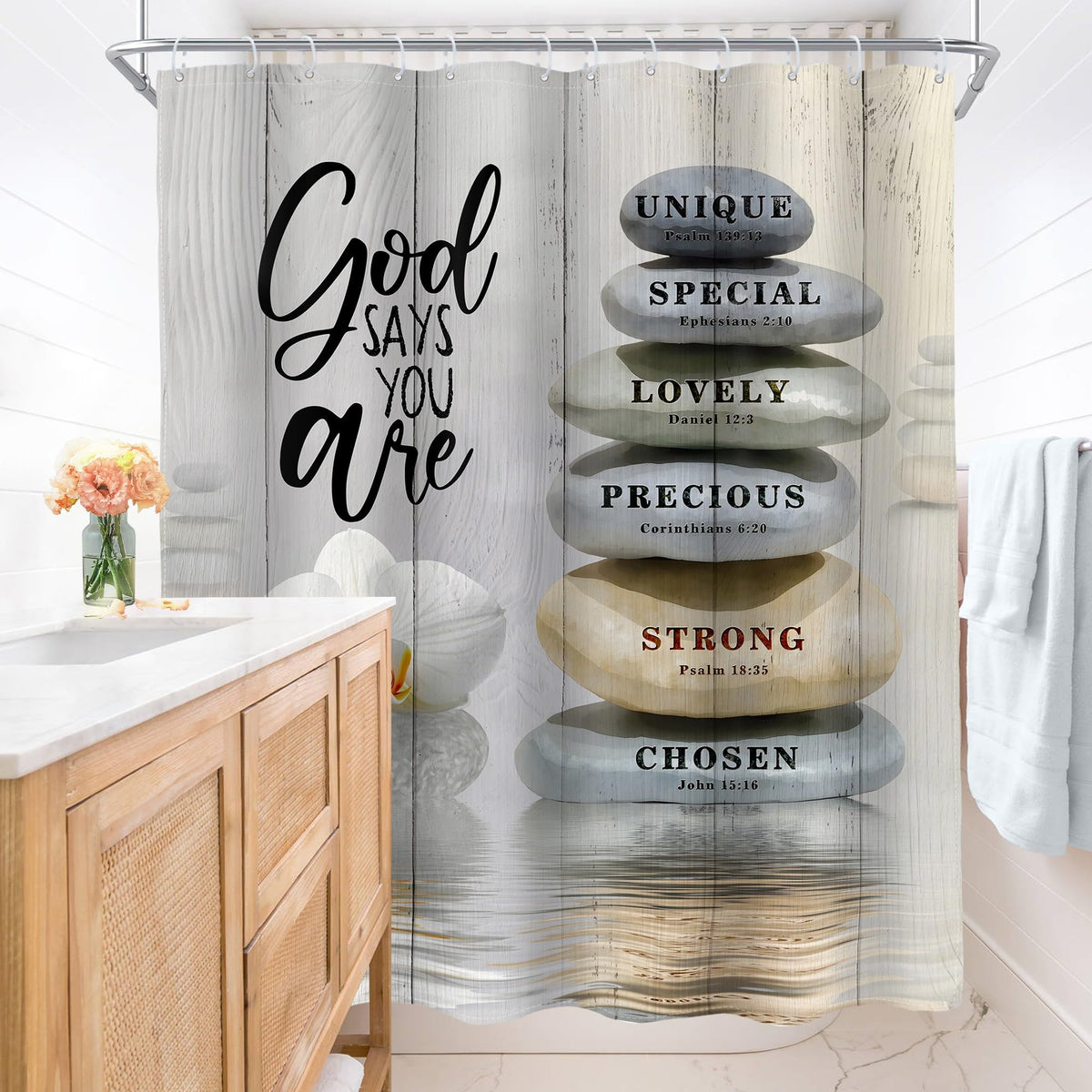 Bible Verse Scripture Christian Shower Curtain Zen Stone Spa 60Wx72L Inch (A-beige / 60"W x 72"L (Pack of 1))