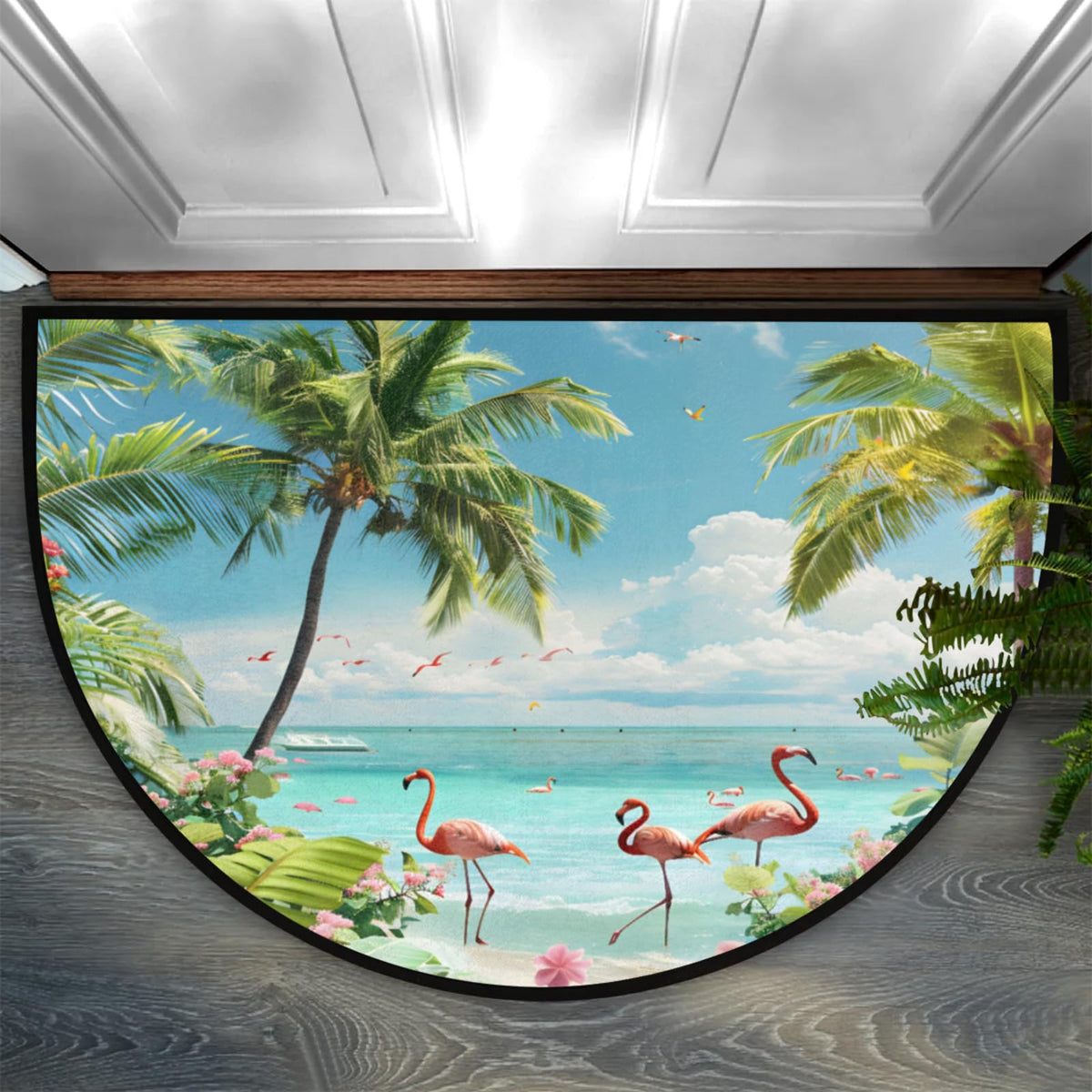 Half Round Doormat Summer Flamingo Beach Flowers Non Slip Half Circle Area Rugs Indoor Washable Half Moon Rug Semi Circle Bathroom Runner Mat Entrance Floor Carpet for Kithen Bedroom Fireplace Decor (B 05)