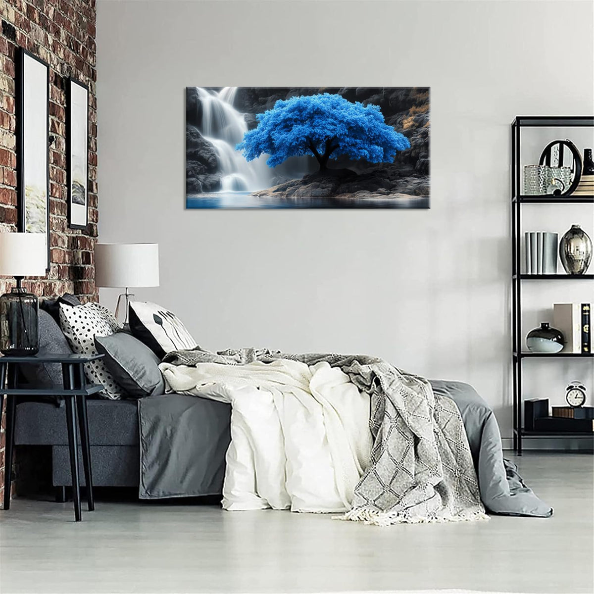 Navy Blue Tree Scenery Wall Art for Living Room Office Waterfall Landscape Art Deco Black and White Scenic Painting Prints Nature Canvas Artwork Over the Couch Bedroom Decor Large (46"L x 23"W / Navy Blue Tree Wall Art (K868))