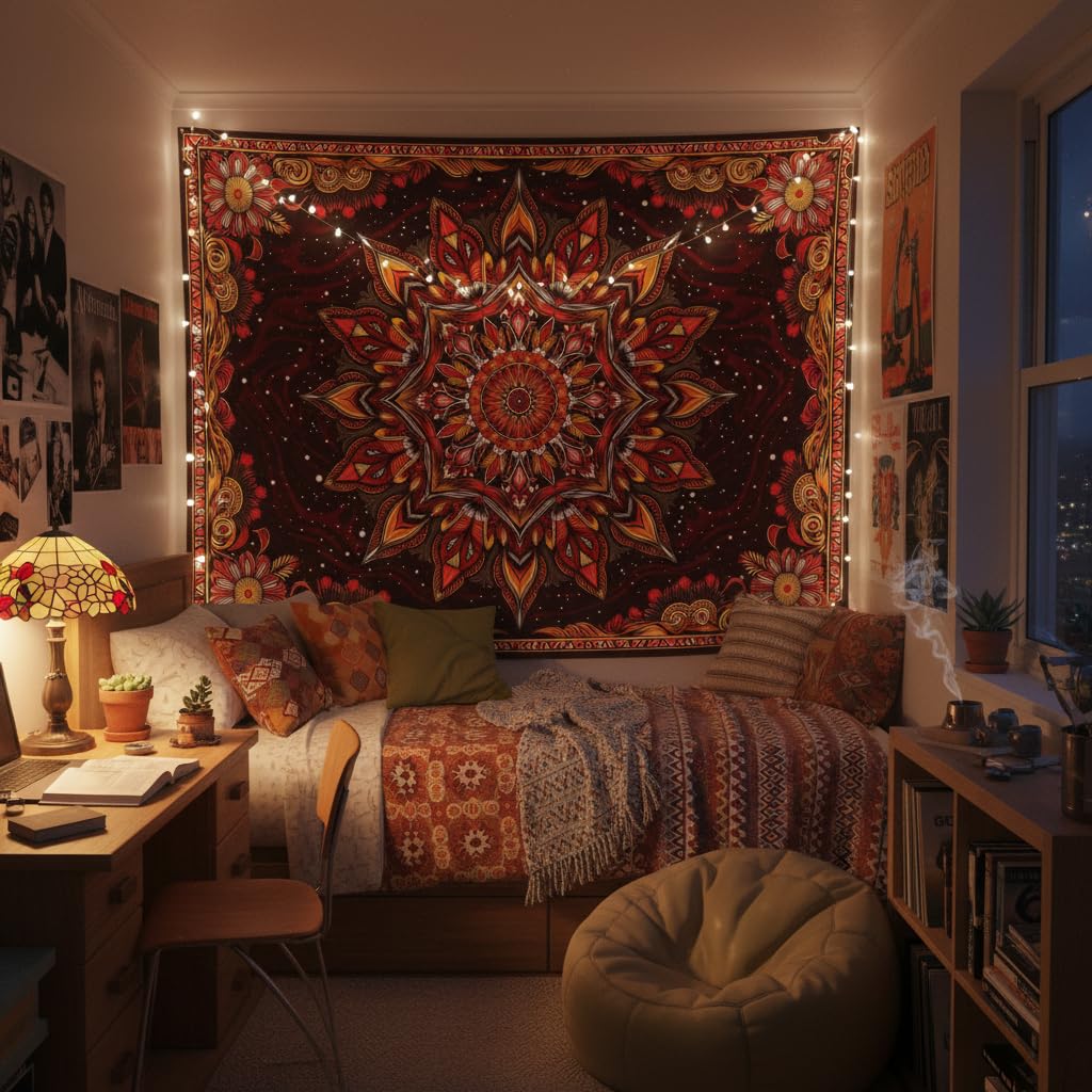Mandala Floral Tapestry Wall Hanging Boho Red Orange Tapestry Aesthetic Hippie Vintage Bohemian Flower Indian Cute Large Tapestries for Bedroom Living Room Dorm Wall Decor 80 x 60 Inch (Bohemian / Red Orange / 80"L x 60"W)