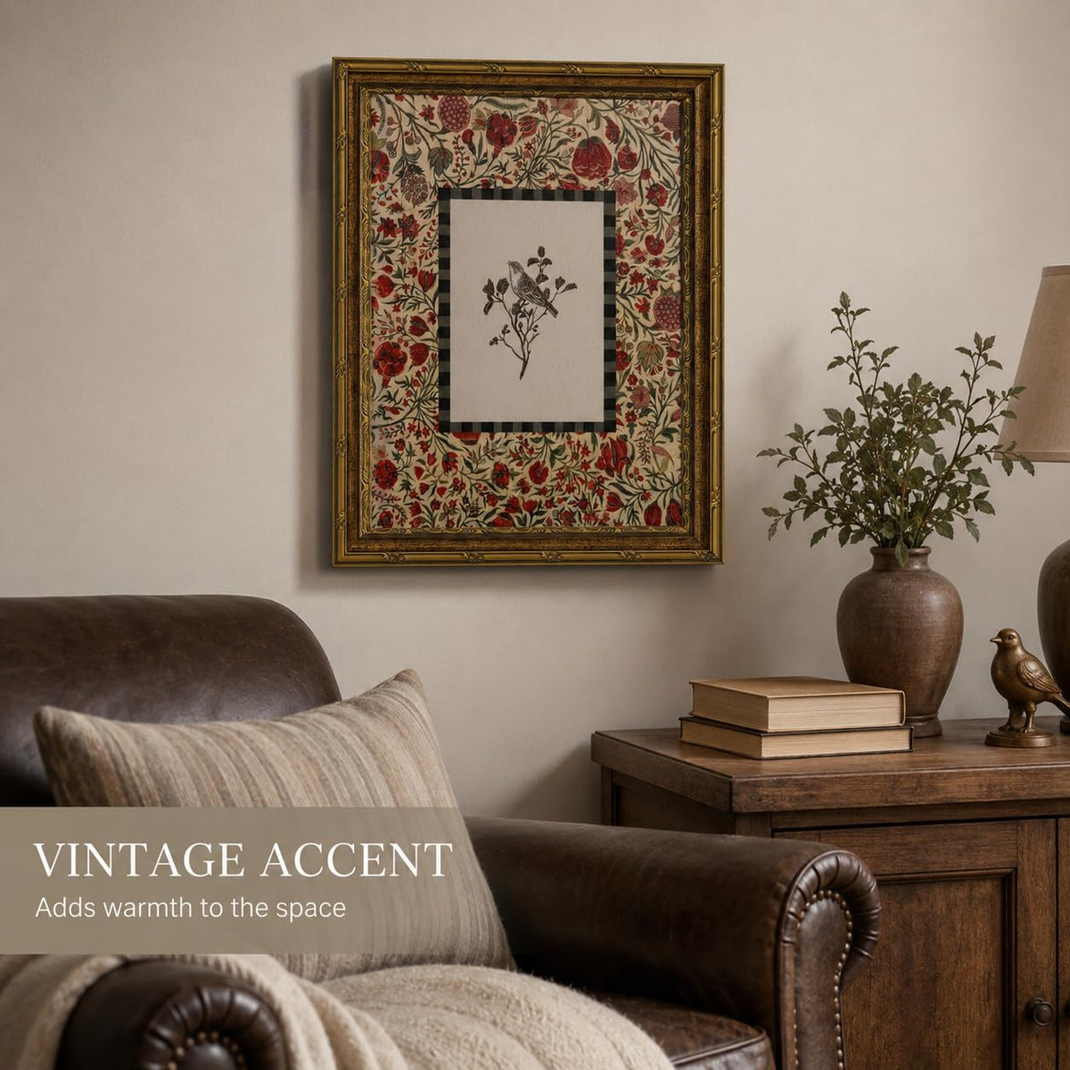 Vintage Gold Framed Bird Canvas Wall Art (Red Flower Bird / 16"L x 12"W)