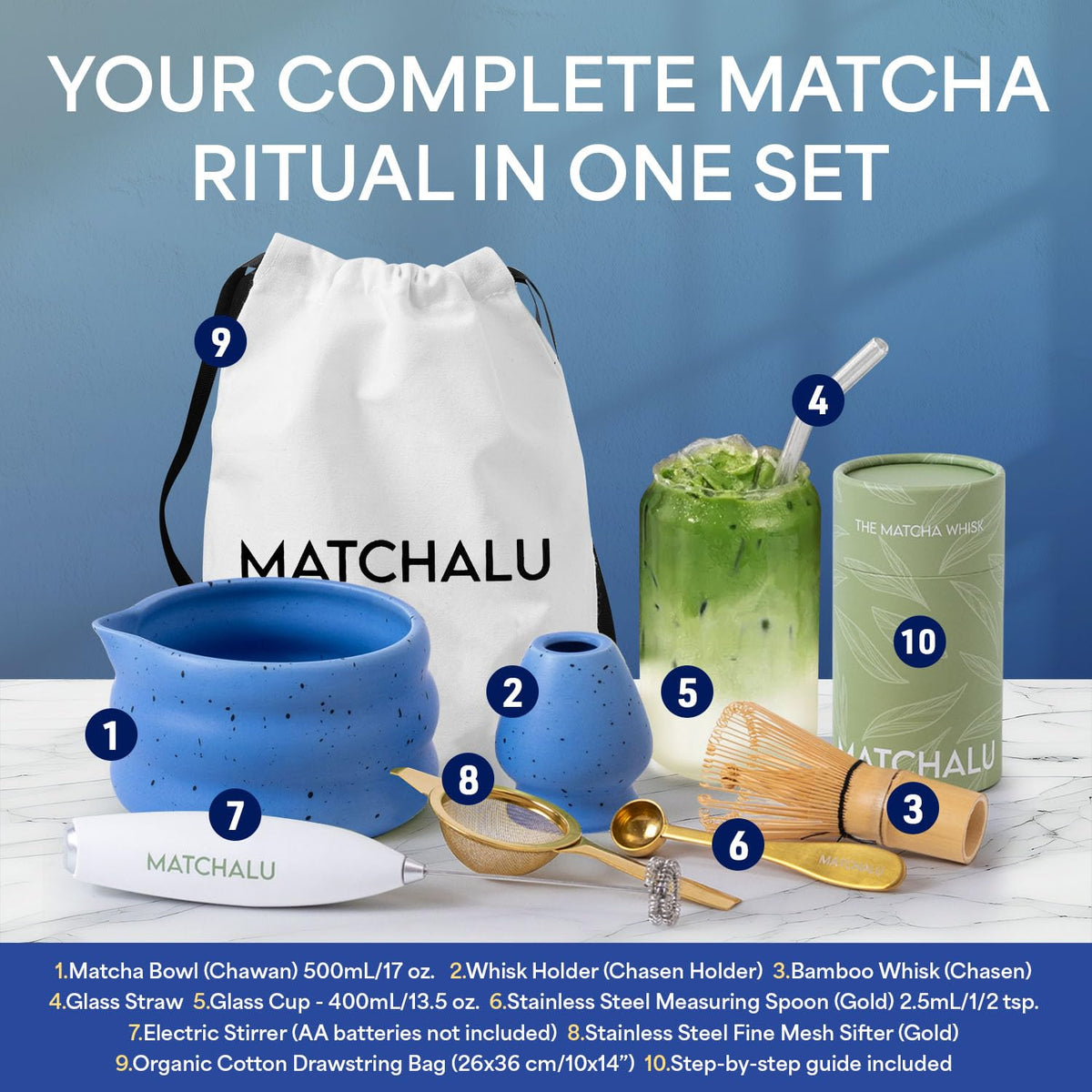 Matcha Whisk Set With Ceramic Matcha Bowl (Blue)