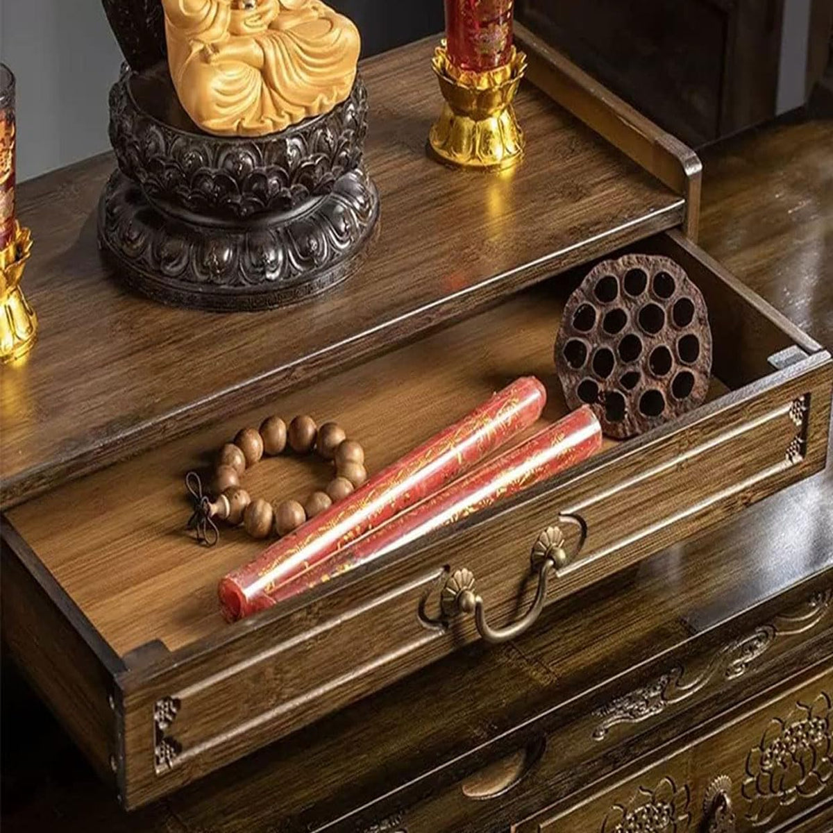 Altar Table with Storage & Drawer Small Meditation Table & Puja Table (Brown-42cm/16.5'')