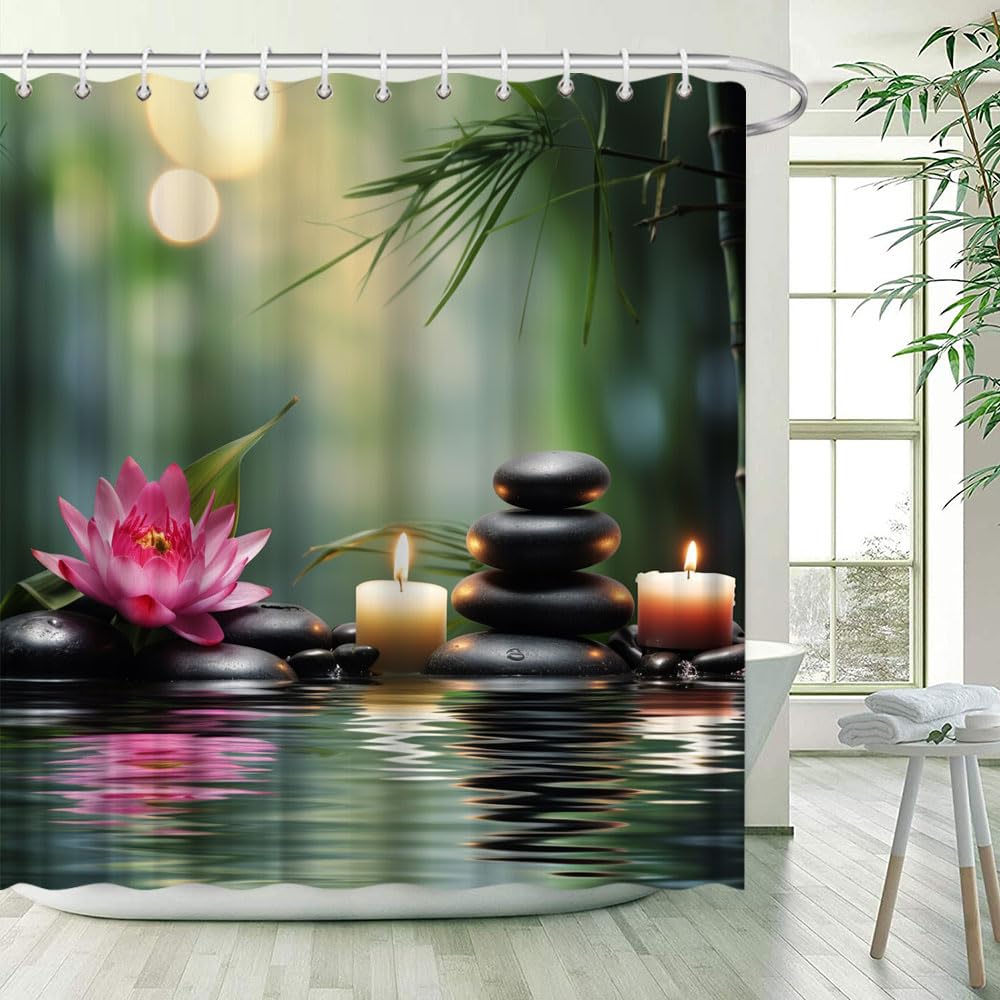Zen Shower Curtain Asian Zen Stone Lotus Floral Water Ripple Spa Relaxation Elegant Rustic Plant Wildflower Bathroom Decor Curtains 47x63 inch with Hook (47"W x 63"L (Pack of 1))