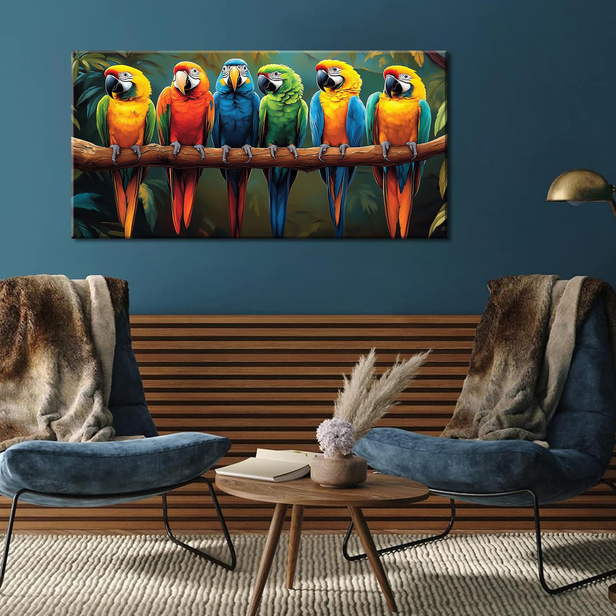 Vibrant Multicolor Parrots Wall Art for Living Room Office Realistic Tropical Jungle Wildlife Nature Painting Prints Contemporary Canvas Artwork Dining Bedroom Decor (Contemporary / Vibrant Multicolor Parrots Wall Art / 40"L x 20"W)