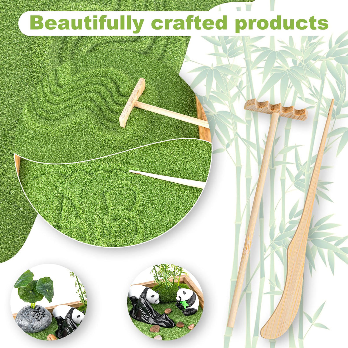 Zen Garden Kit for Desk 11''x7.5'' Room Decor with Green Sand (Panda Bamboo)