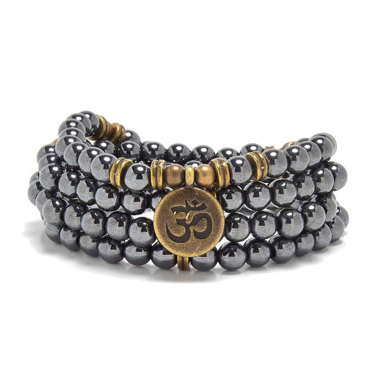 108 Mala Beads Bracelet with om Charm (Hematite)
