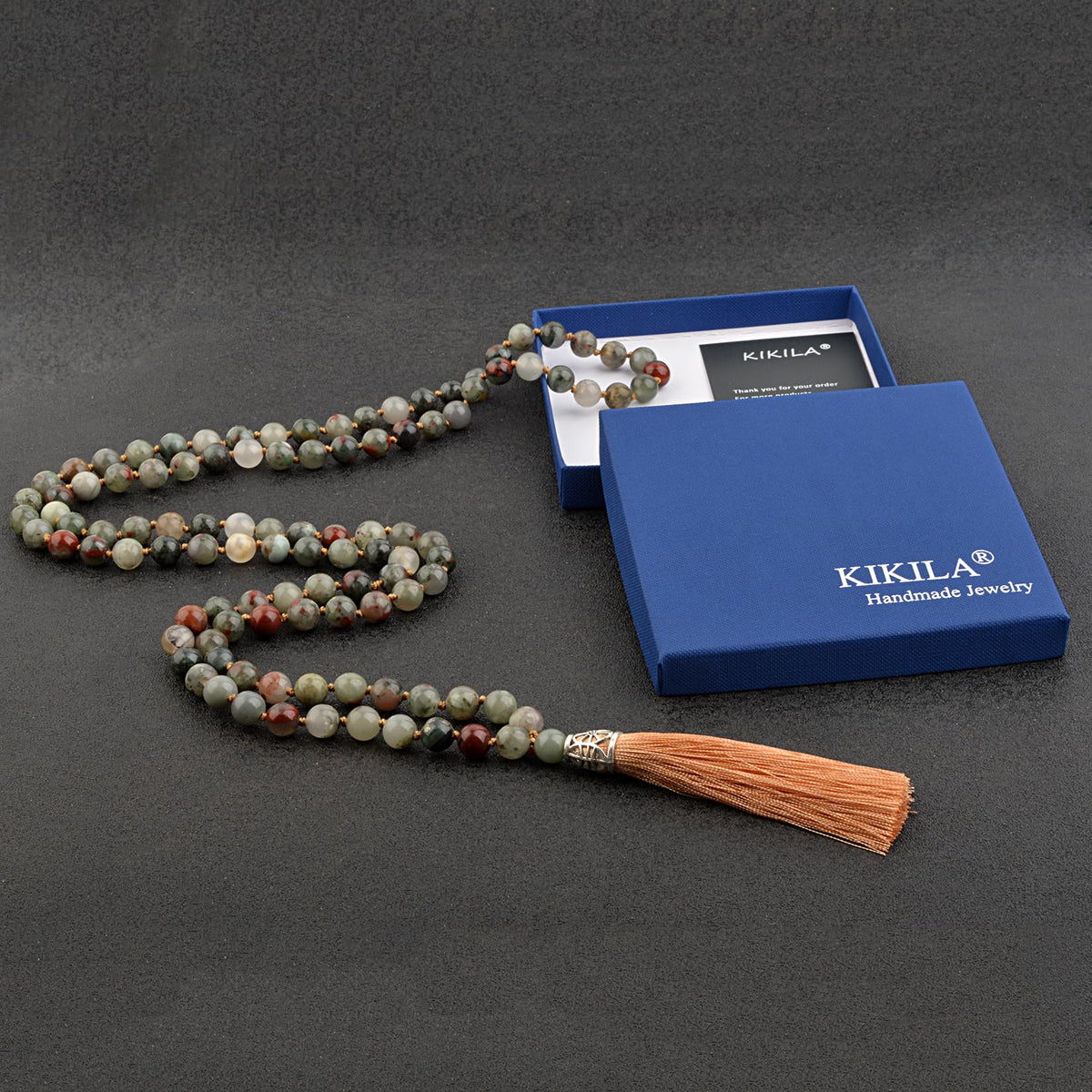 Mala Beads 108 Natural Stone GemStones Japamala Yoga Meditation Hand Knotted Beaded Tassel Necklace for Women Men (Bloodstone)