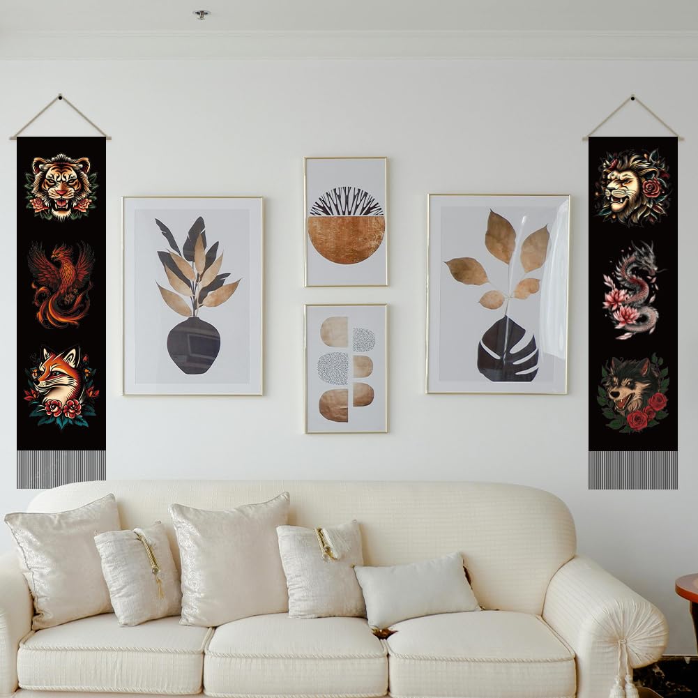 2Pcs Mythical Animals Long Vertical Tapestry (Black-tiger lion)