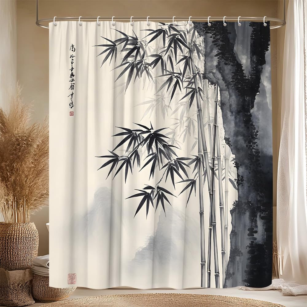 Bamboo Shower Curtain Japanese Mountain Traditional Asian Style with Black and White Ink Painting Oriental Zen Bathroom Decor Polyester Curtains with Hooks (Grey / 70"W x 80"L (Pack of 1))