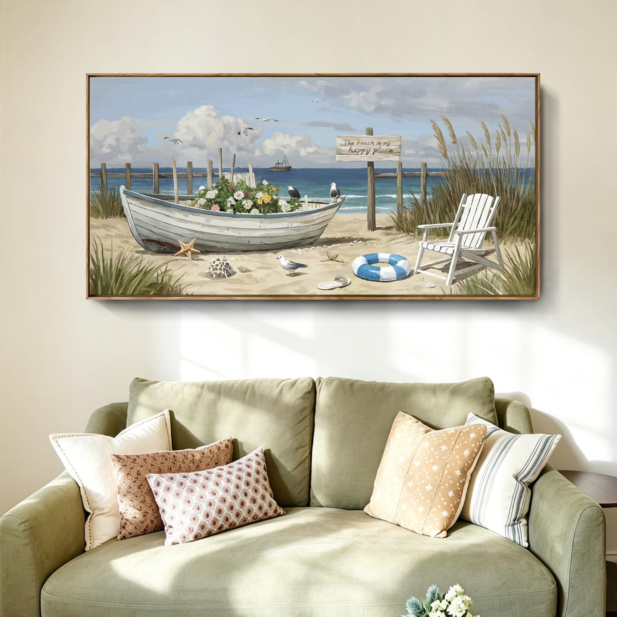 Large Framed Modern Canvas Wall Art (Seaside Boat Wall Art / 48"Lx24"W（Framed）)