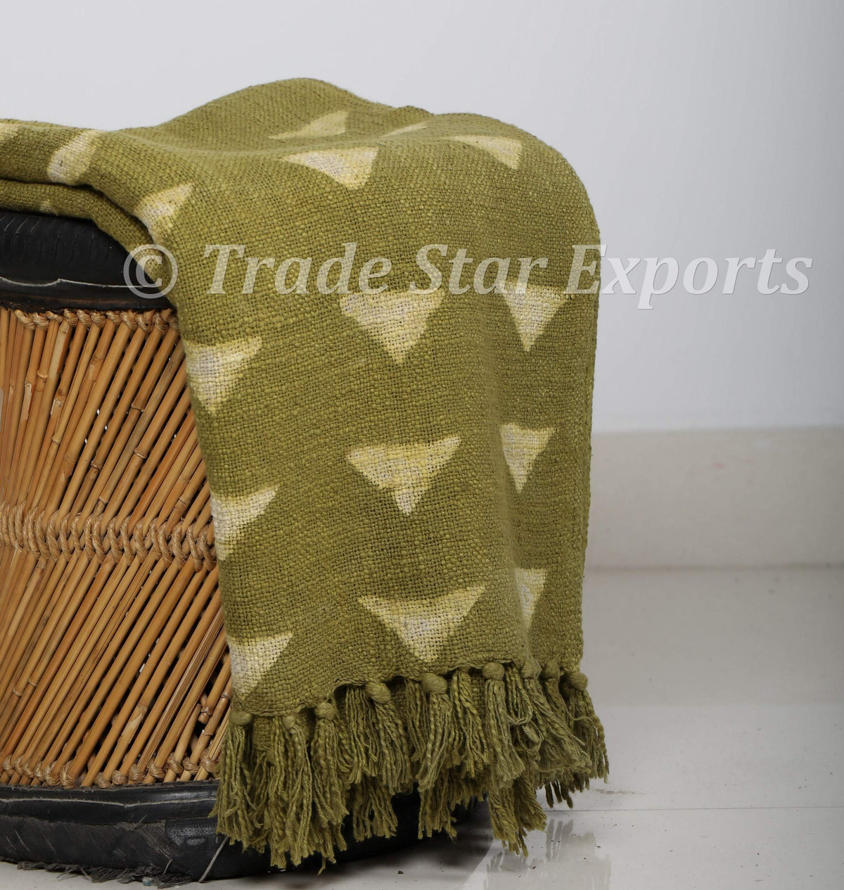 Mud Cloth Print Throws Handloomed Housewarming Wedding Gifts Block Print Blanket 100% Cotton Soft Tassel Blanket for Home Rustic Wall Decor (Green / Maple (120 x 170 Cms))