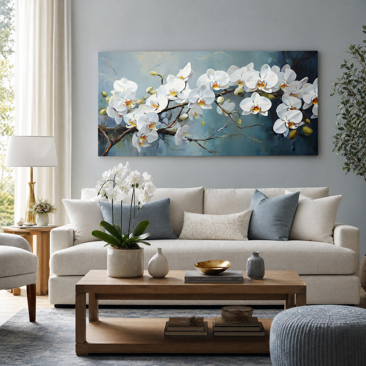 White Orchid Canvas Wall Art Floral Branch Painting Light Blue Background Flat Print Gallery Wrapped Botanical Artwork for Living Room Bedroom Bathroom Decor (Mysterious / White Orchid Blossom 30 / 40"L x 20"W)