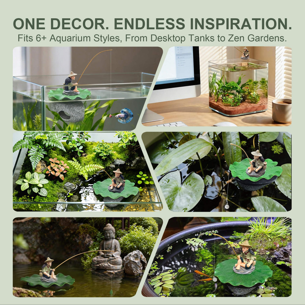 3-in-1 Floating Fish Tank Fisherman Decor, Lotus Pad & Betta Cave (Hideout Cave (3-in-1))