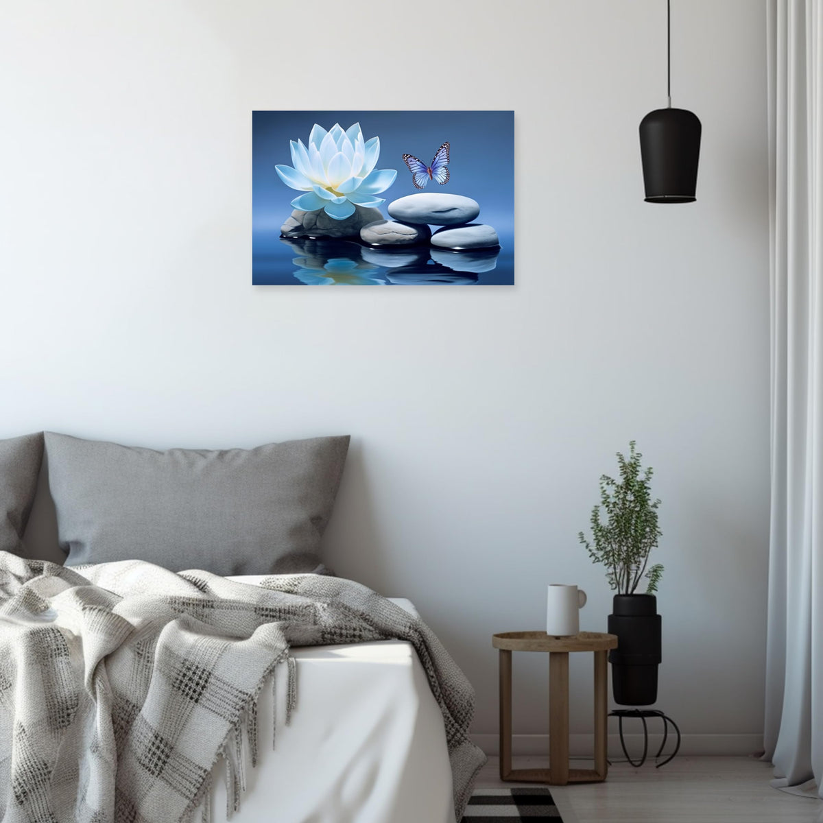 Blue Zen Wall Art Lotus Flower Canvas Spa Stone Pictures for Bathroom Wall Decor Meditation Butterfly Painting Frame (Zen - A / 12"L x 18"W)