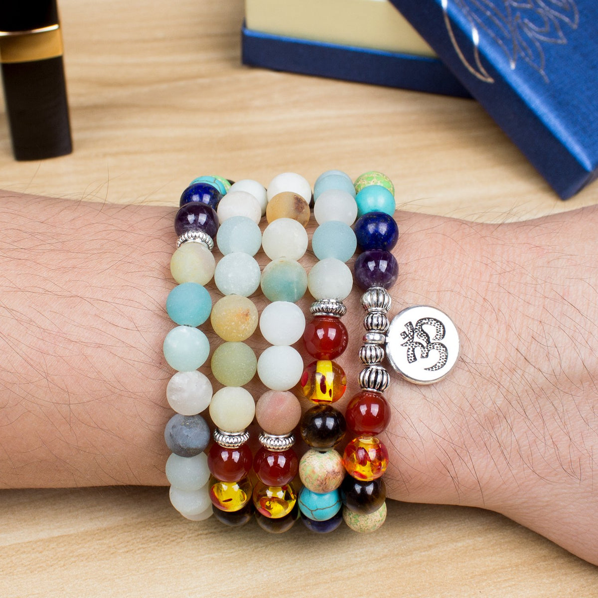 Necklace 108 Mala Beads Bracelet Buddhist Prayer Pendant Necklace (Amazonite-OM-1)