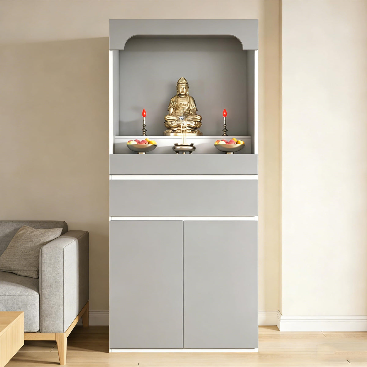 Altar Table Pooja Cabinet with Drawers and Storage Cabinets (47.2×15.7×65.4in / Light Gray+white-2)