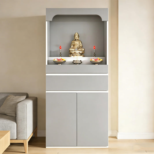 Altar Table Pooja Cabinet with Drawers and Storage Cabinets (47.2×15.7×65.4in / Light Gray+white-2)