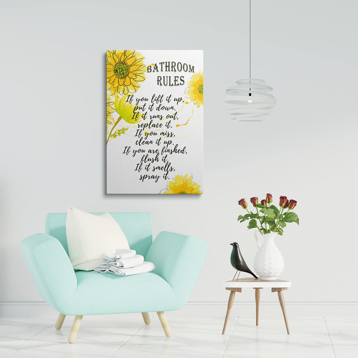 Framed Bathroom Rules Canvas Wall Art Yellow Floral Bath Decor 16x24 Inches (Bathroom Rules / 24"L x 16"W)