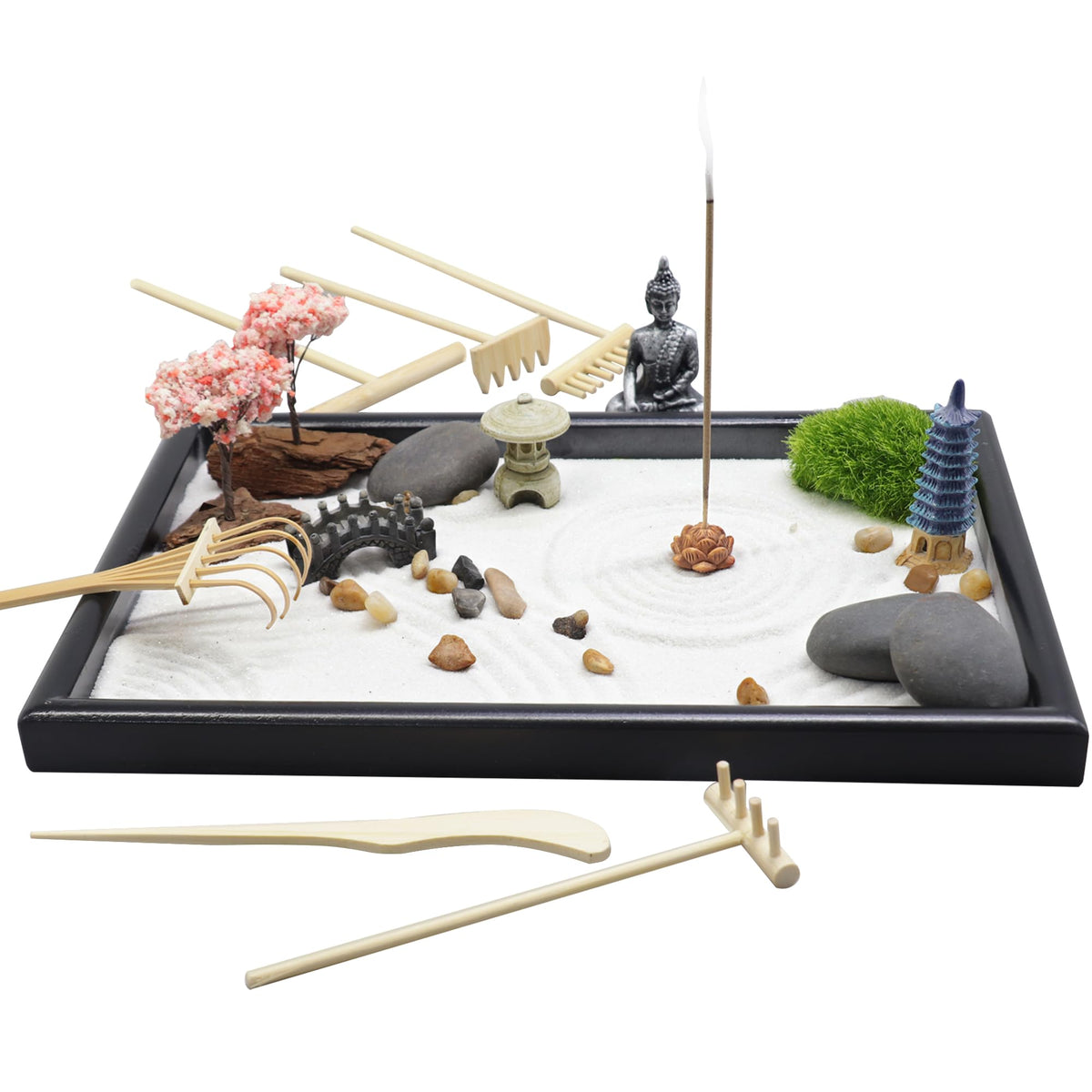 Zen Garden Kit for Desk Japanese Sand Box Meditation Office Decor (Black)