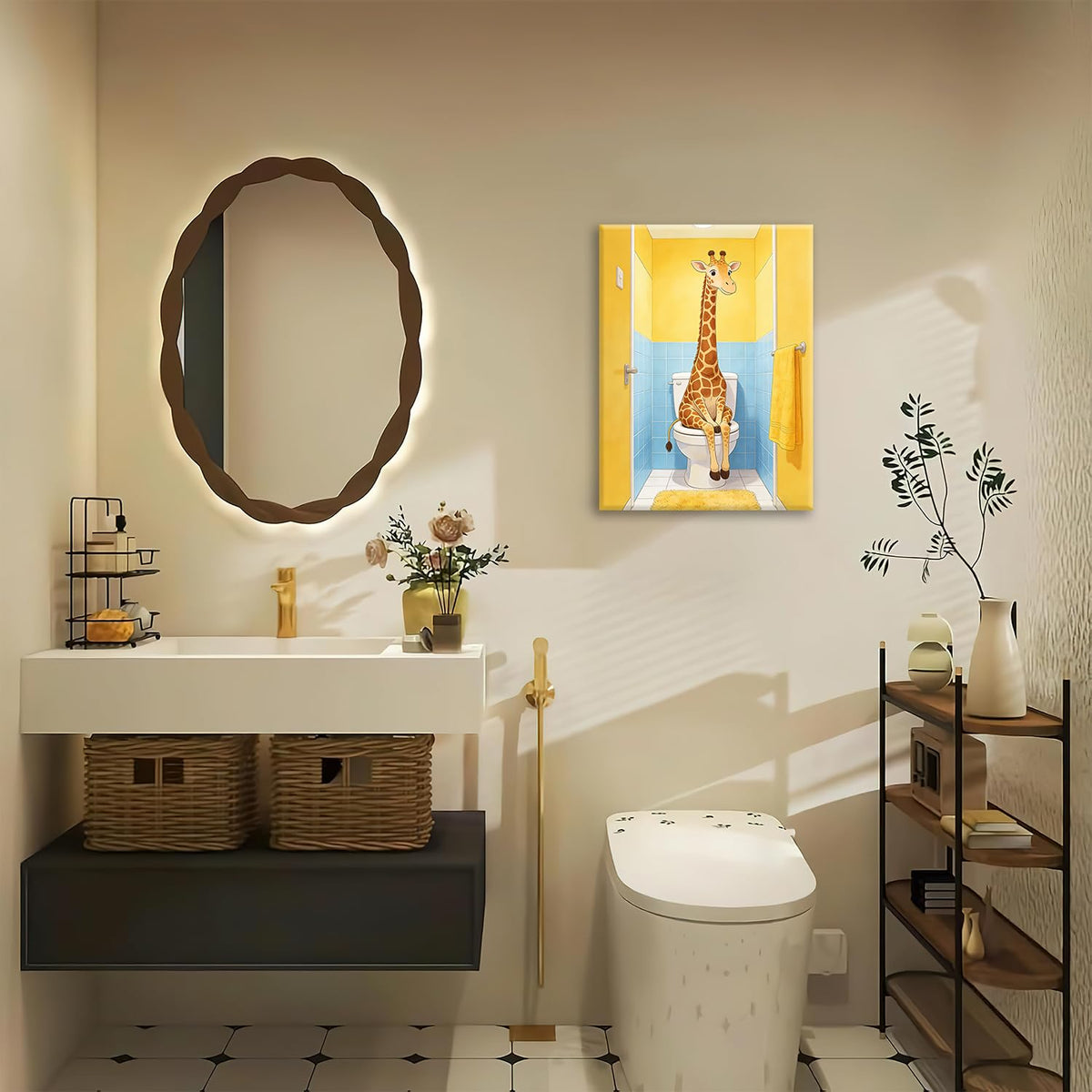 Bathroom Giraffe Canvas Wall Art Funny Toilet Print Framed ArtWork 16"x20" (Funny Giraffe / 20"L x 16"W)