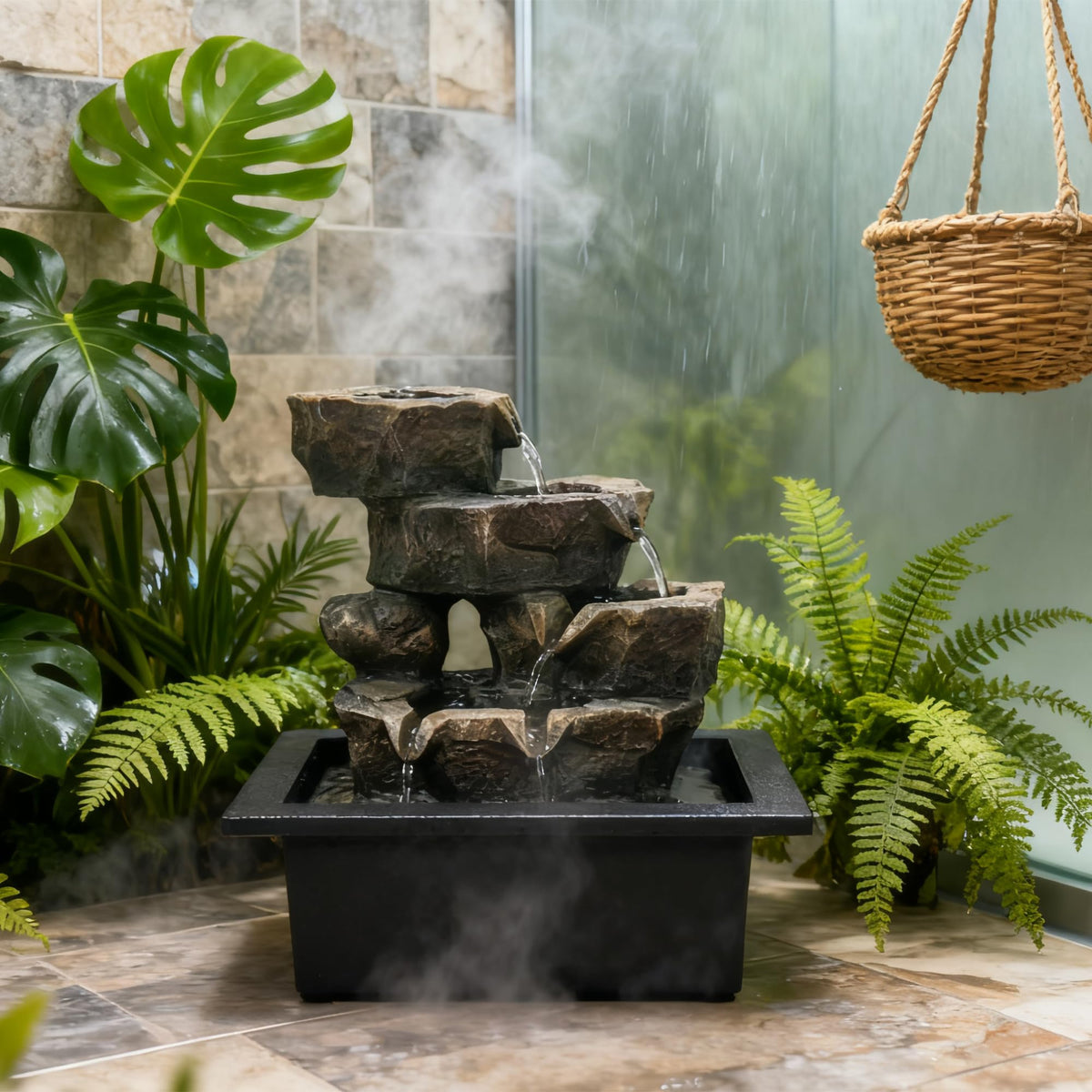 Indoor Tabletop Rock Waterfall Fountain with Warm Light & Stacked Stone for Home Office Desk Decor (Style 6)