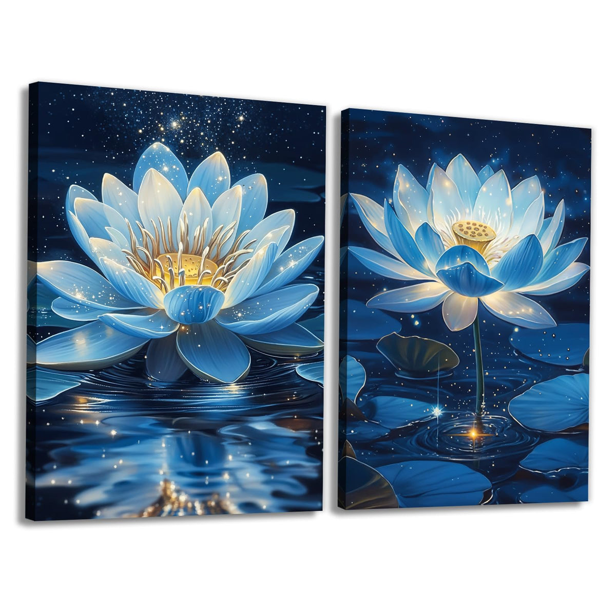 Blue Lotus Floral Wall Art 2 Panel Blooming Zen Flower Pictures Print Nature Inspired Decor for Living Room Bedroom Yoga Room (Artwork-5 / 20"x30"x2pcs)