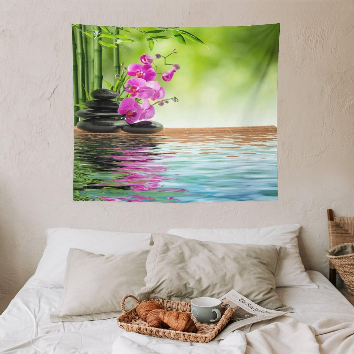 Purple Orchid Spa Tapestry Wall Hanging Bamboo Stone Tapestries Home Decor for Living Room Bedroom Farmhouse Kitchen Dorm 50"x60" (50"L x 60"W / Zen-8)