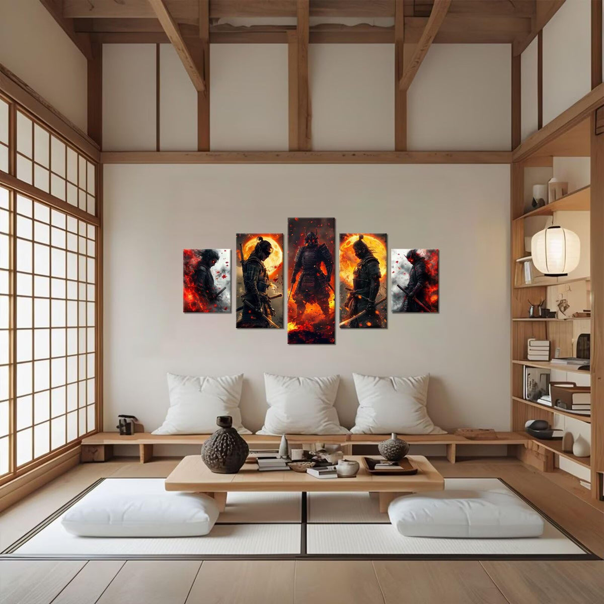 Japanese Pictures Japan Samurai Painting Warrior Figure Theme Anime Wall Art Canvas Print Bushido Posters Artwork for Bedroom Bathroom Office Living Room Home Decor Framed 5 Piece 60''W x 32''H (60"Wx32"H / Samurai 5P-29)