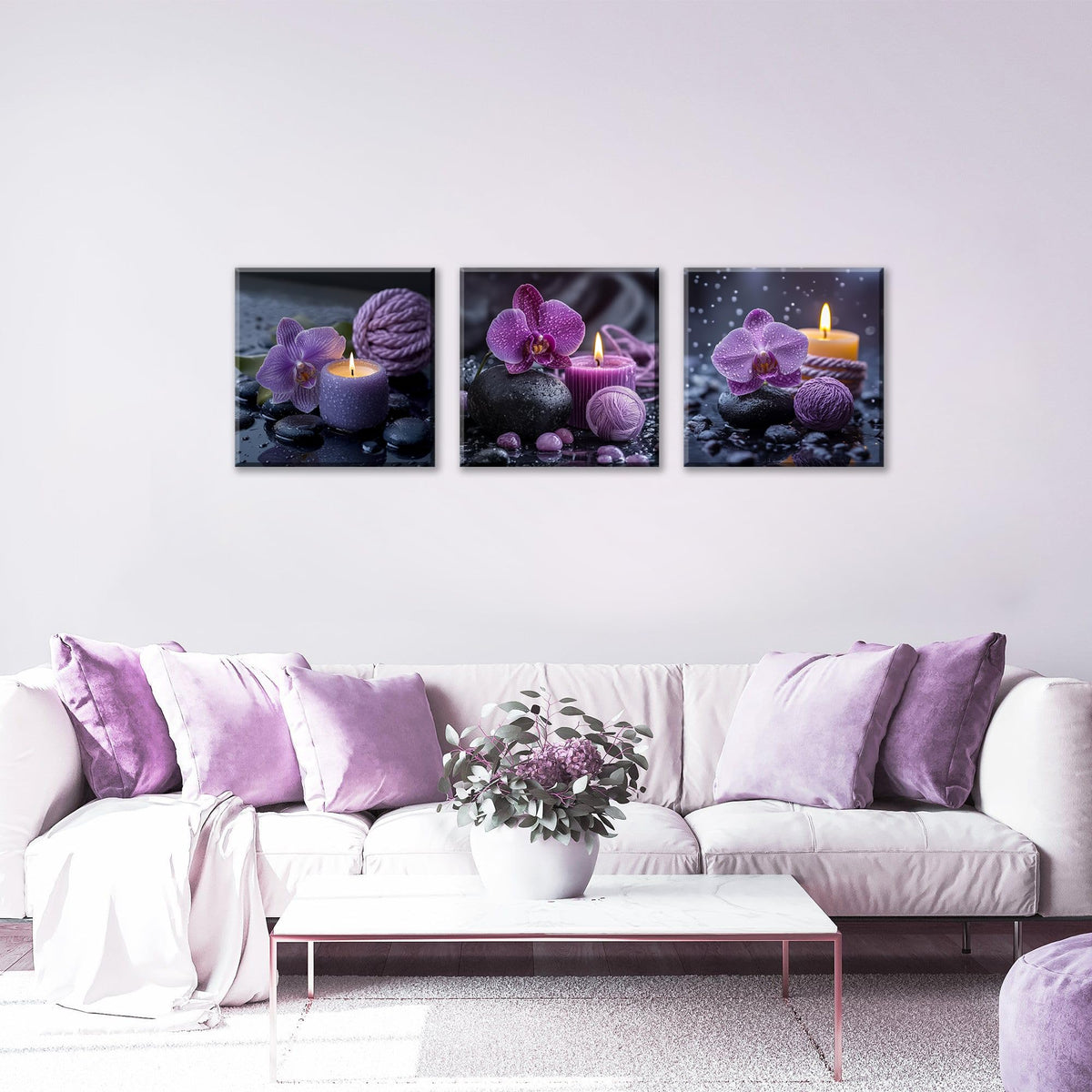3PCS Purple Orchid Candle Canvas Wall Art Zen Spa Decor Black Stones Water Droplets Relaxing Purple Aesthetic Tranquil Meditation Artwork for Bedrooms Living Rooms Bathrooms Wellness Spaces (20X20inchX3pcs / Purple Orchid Candle)